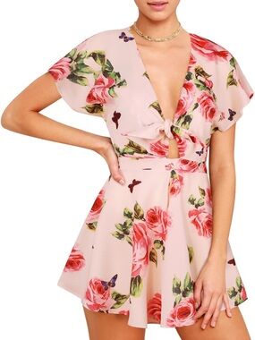 AGQT Pink Rose Butterfly Romper Sexy Coquette Y2K Floral Medium